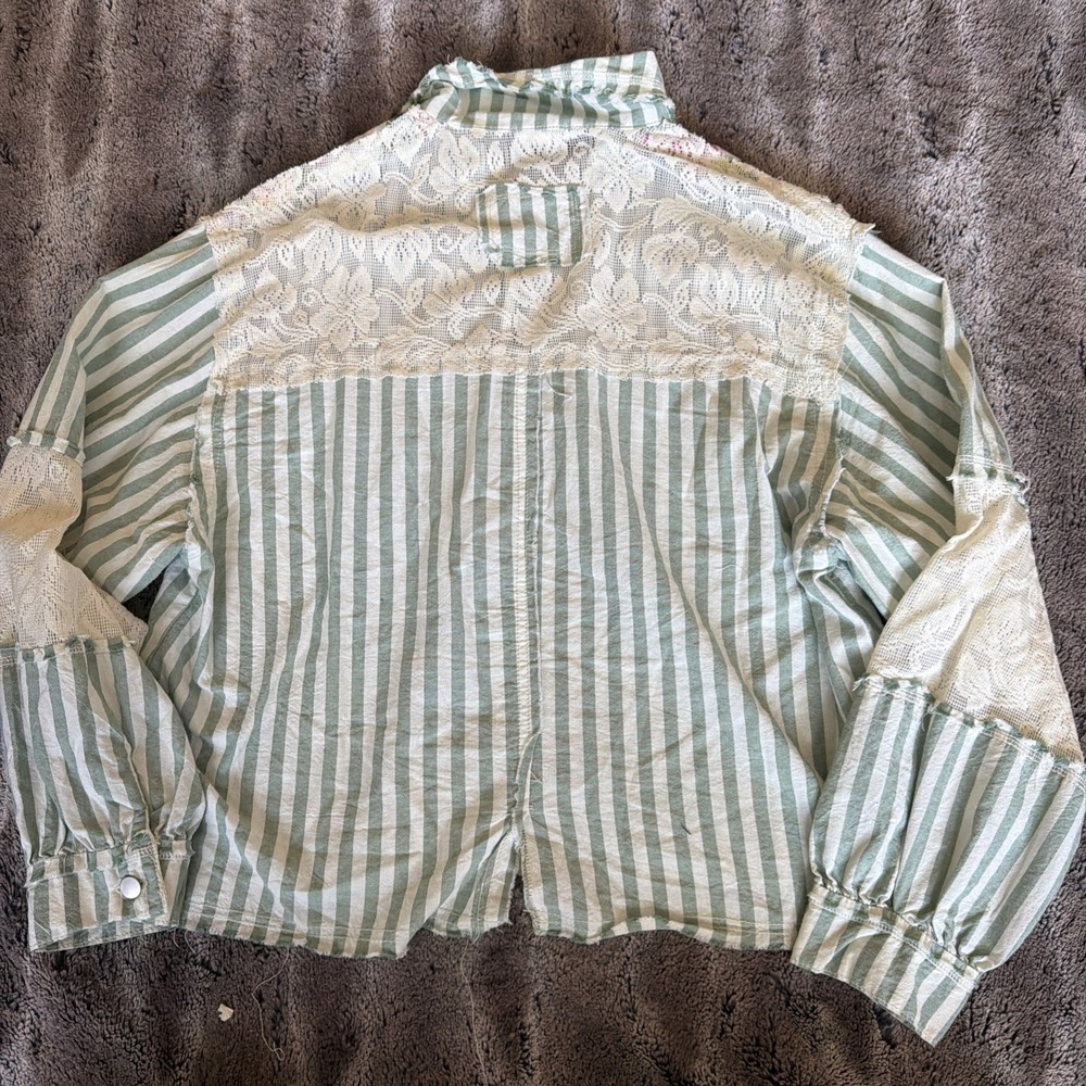 Pol Patchwork Lace Blue White Stripe Button Up Sh… - image 7
